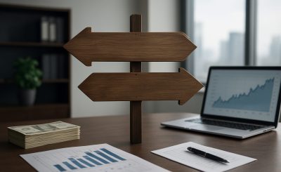 A wooden directional sign with two arrows in an office setting, accompanied by stacks of dollar bills and documents laid