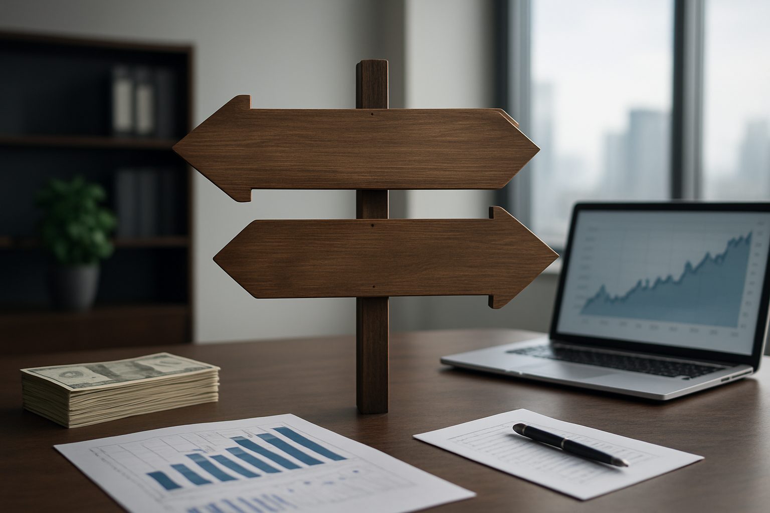 A wooden directional sign with two arrows in an office setting, accompanied by stacks of dollar bills and documents laid
