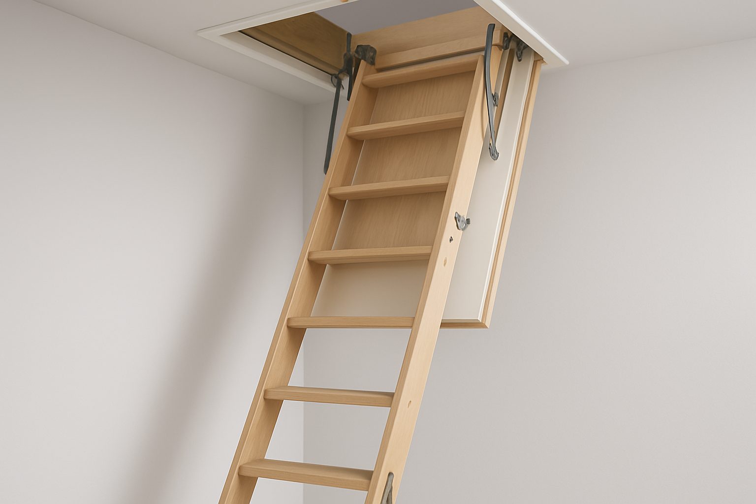 A wooden loft ladder extending from a ceiling hatch, demonstrating a home safety feature.
